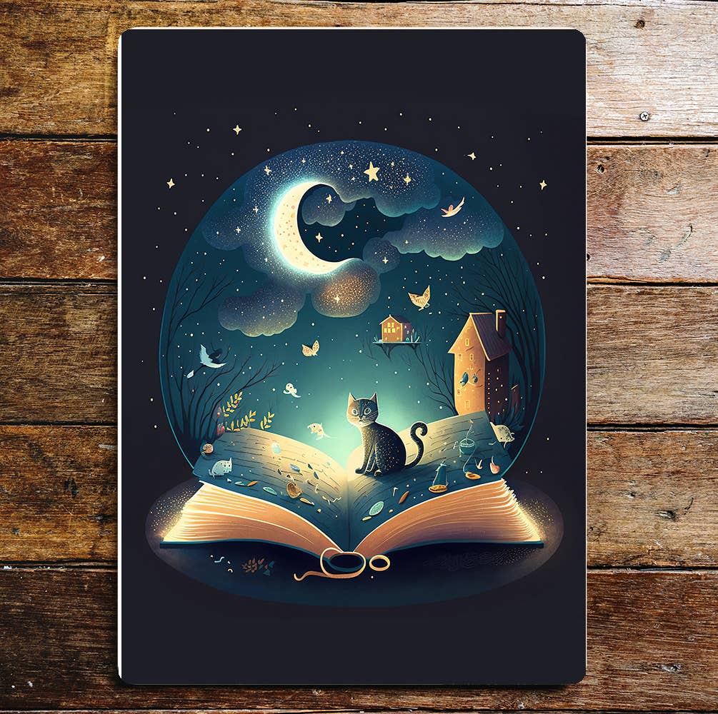 The British Metal Signs Company - Cat on Book Night Sky Moon Metal Wall Sign