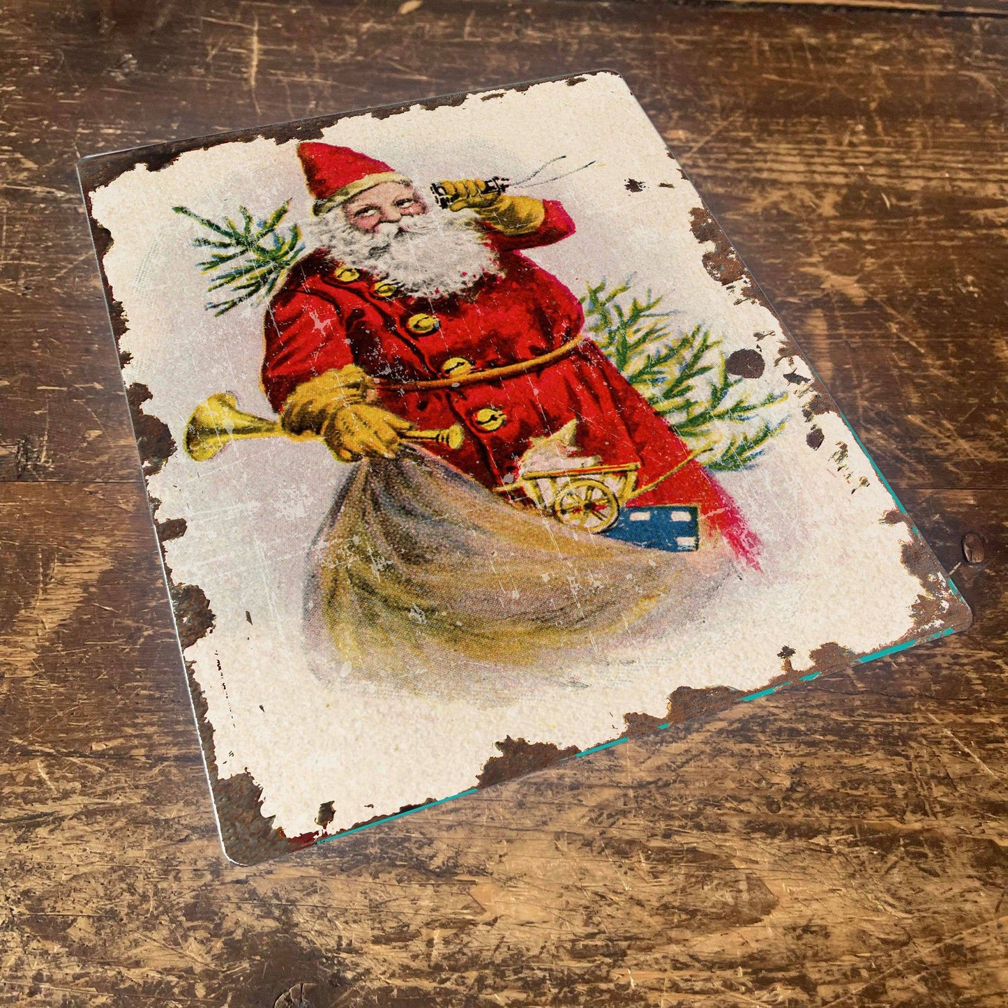 The British Metal Signs Company - Vintage Santa With Sack Christmas - Metal Vintage Wall Sign