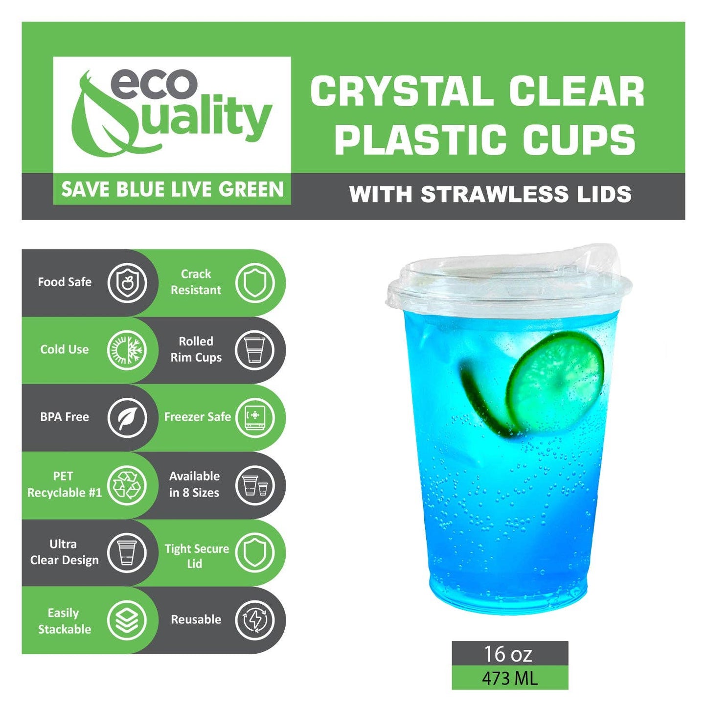 EcoQuality - 16oz Disposable Pet Clear Plastic Smoothie Cups w/Sip Throug