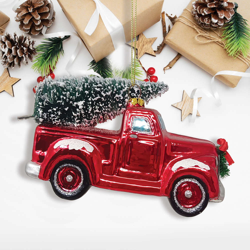 OrnamentallyYou - Traditional Red Truck Ornament with Ornamental Tree Glass