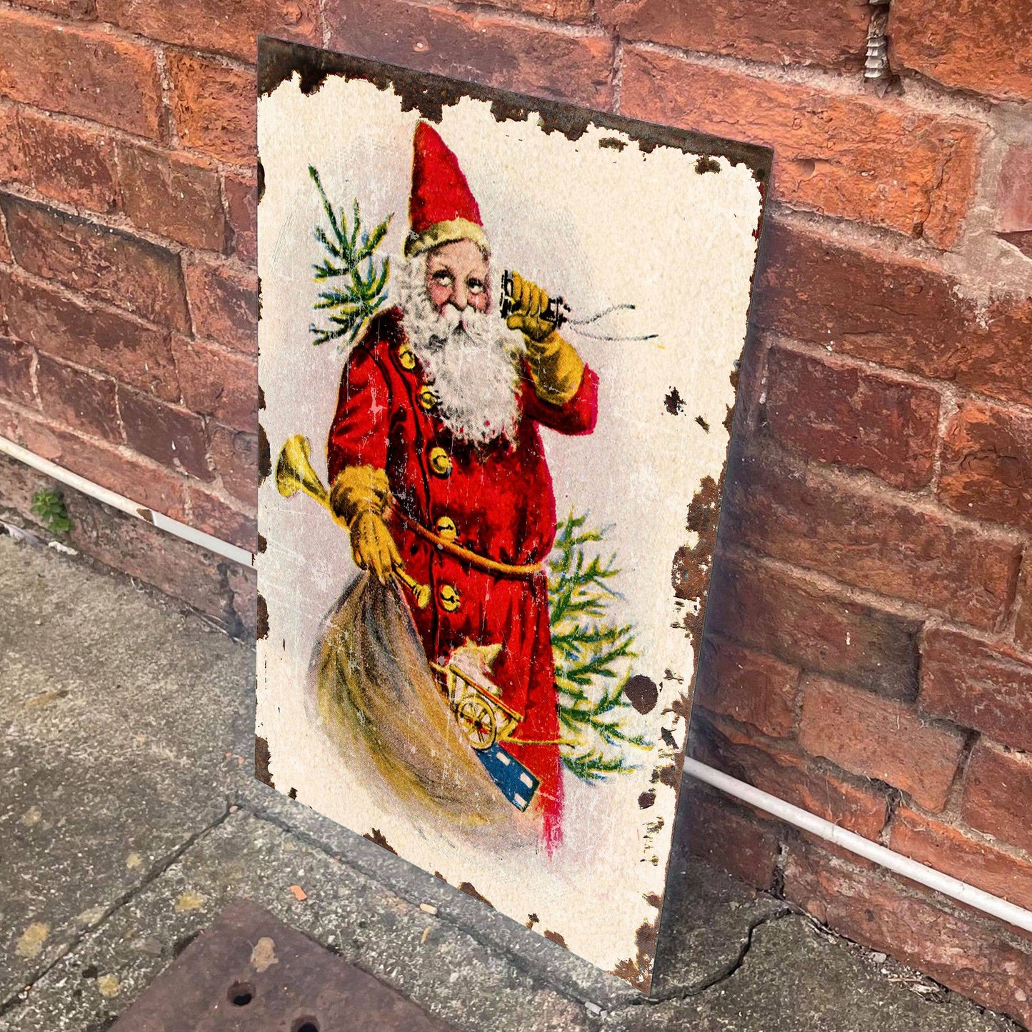 The British Metal Signs Company - Vintage Santa With Sack Christmas - Metal Vintage Wall Sign