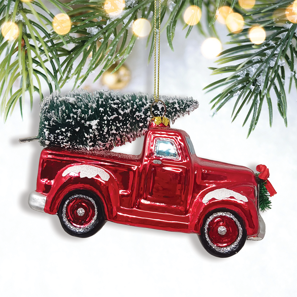 OrnamentallyYou - Traditional Red Truck Ornament with Ornamental Tree Glass
