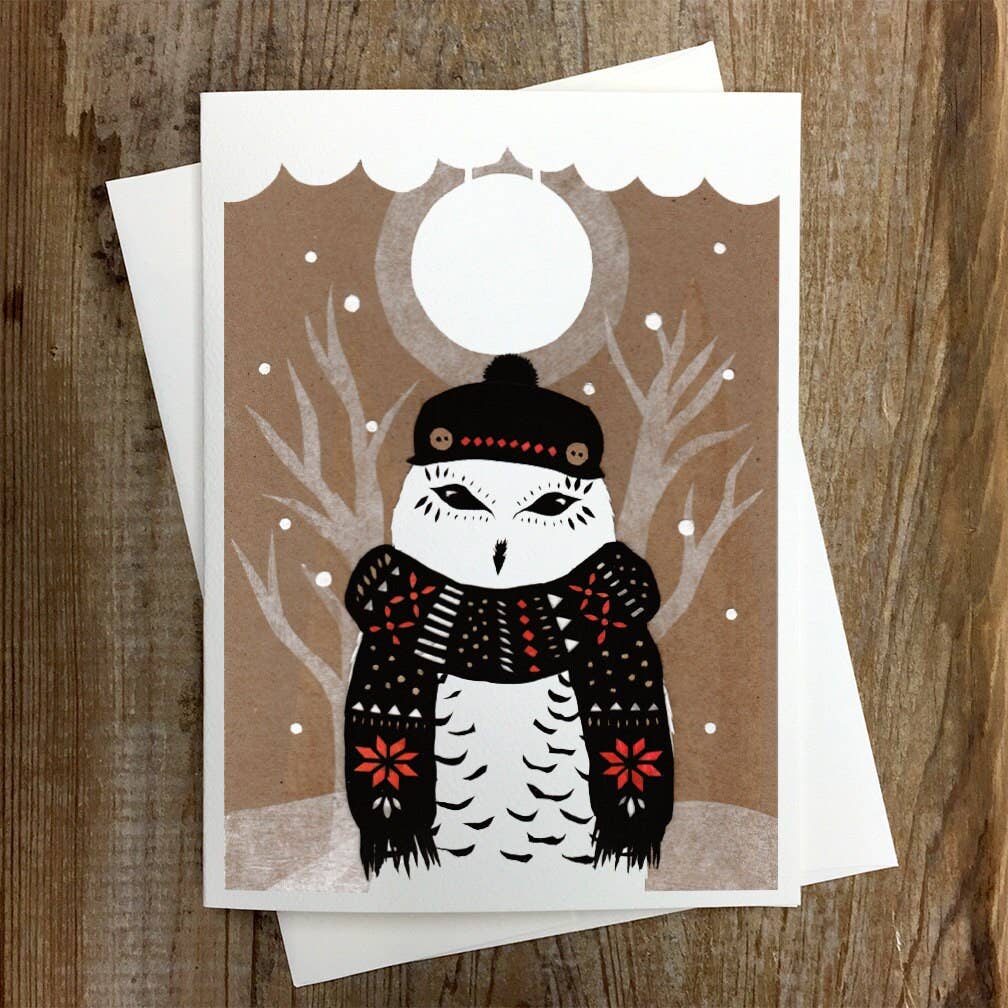 Rural Pearl: Cut Paper Art by Angie Pickman - Winter Owl - Greeting Card
